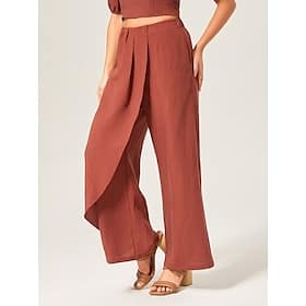 Lyocell-blend Broadcloth Solid Color Loose Long Pants