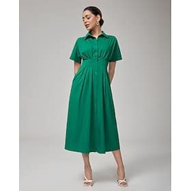 Vintage Green Cotton Pleated Waist Shirt Dress