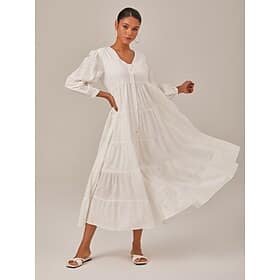 Women's Linen Cotton Blend White Dress Button V Neck Solid Color Boho Maxi Dress