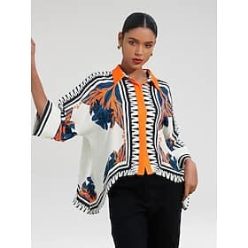 Women's Satin Silk Shirt Plaid / Striped / Chevron / Round Flower / Plants Daily Wear Magyar Sleeve Black Color Block Printing Geometrical 3/4-Length Sleeve Mo